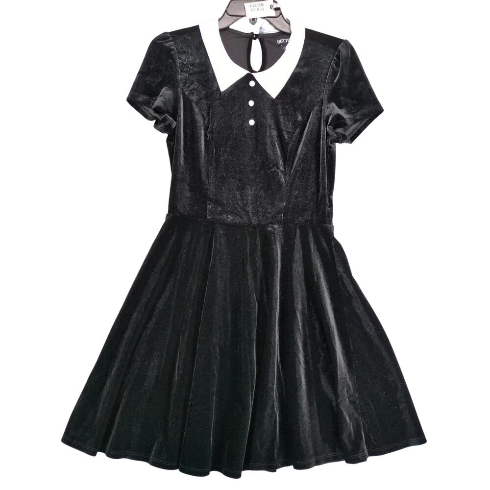 Hot Topic Black Velvet Shirt Skater Dress Sz M Peter Pan Collar Wednesday Addams